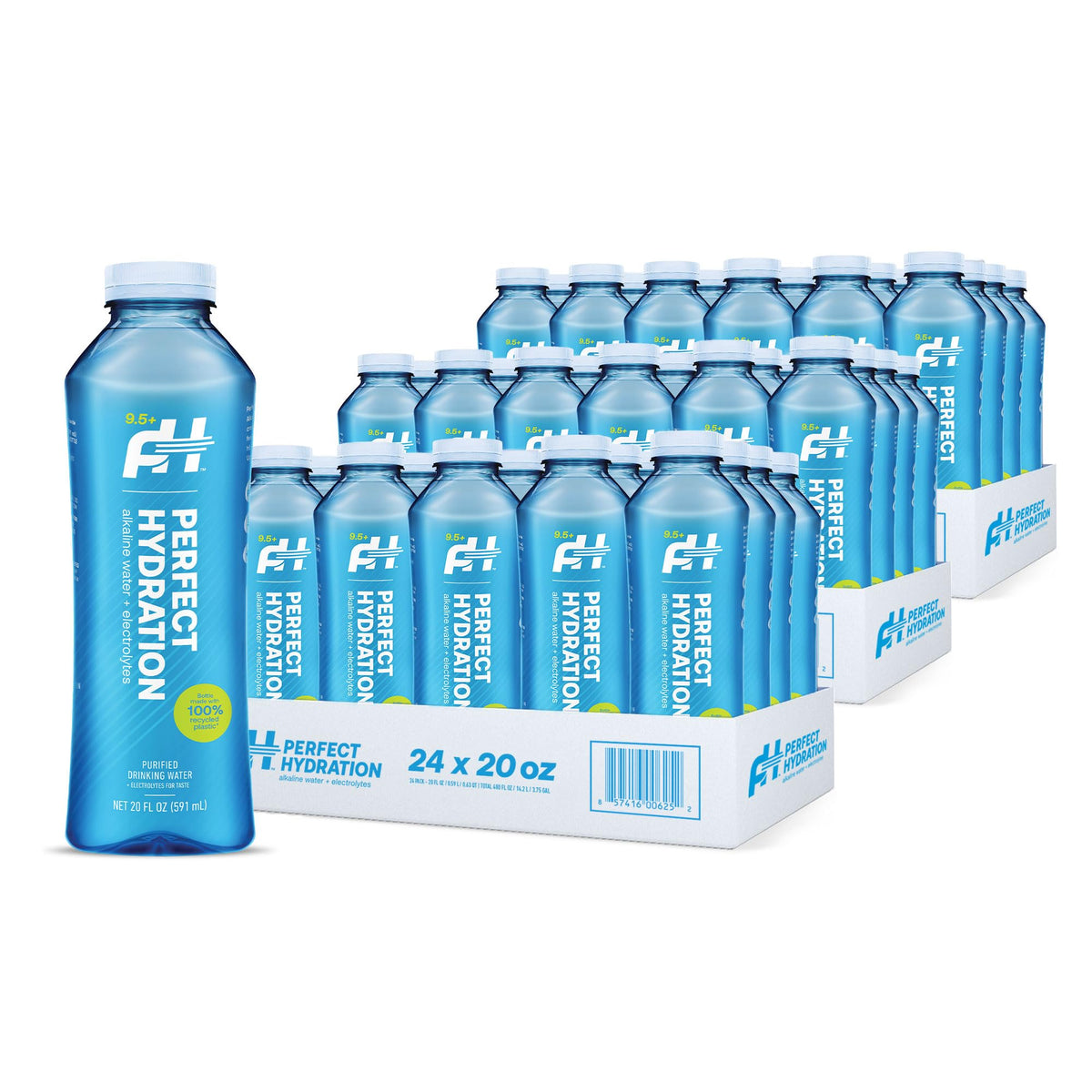 Perfect Hydration bottle pour showing 9.5+ pH alkaline water for daily hydration.