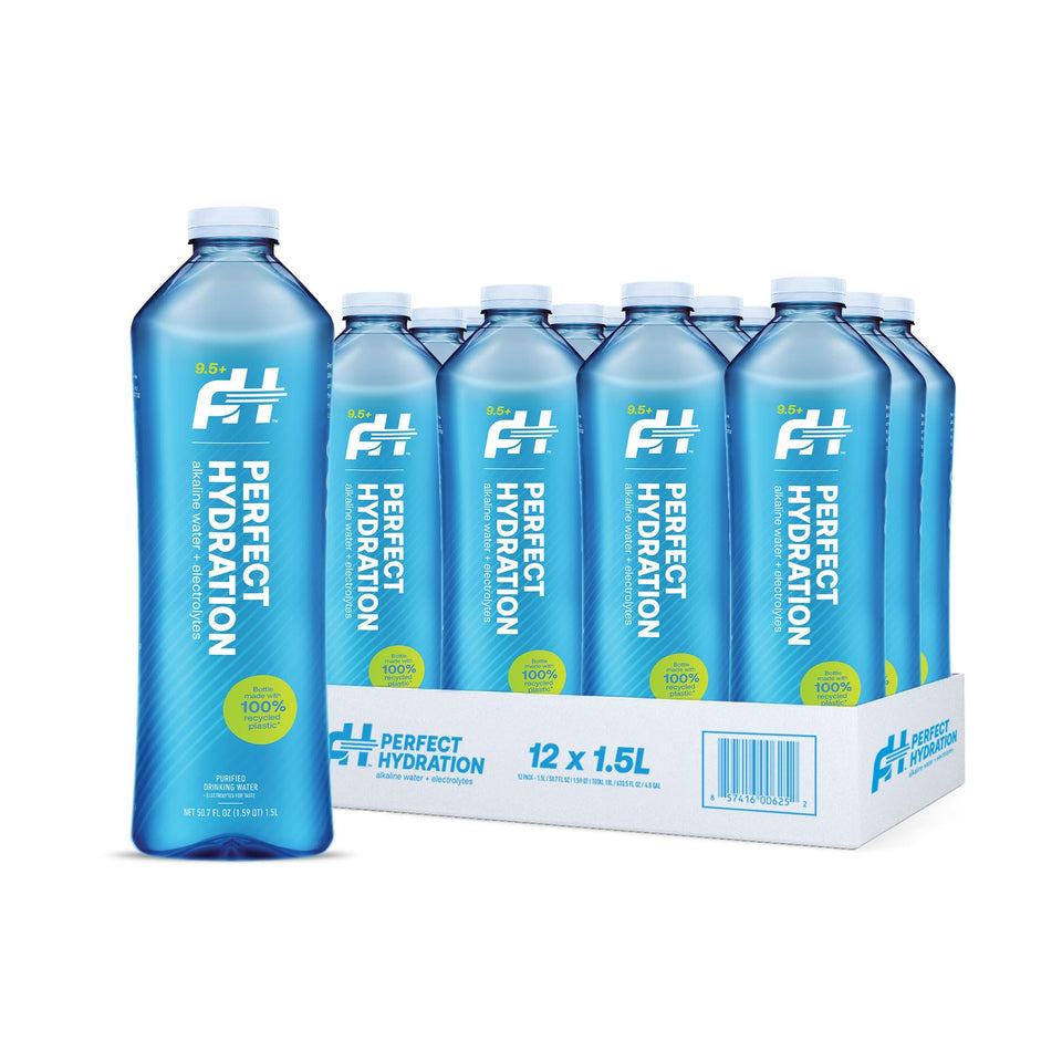 Perfect Hydration 9.5+ pH bottle front view, crisp alkaline water ready to hydrate.