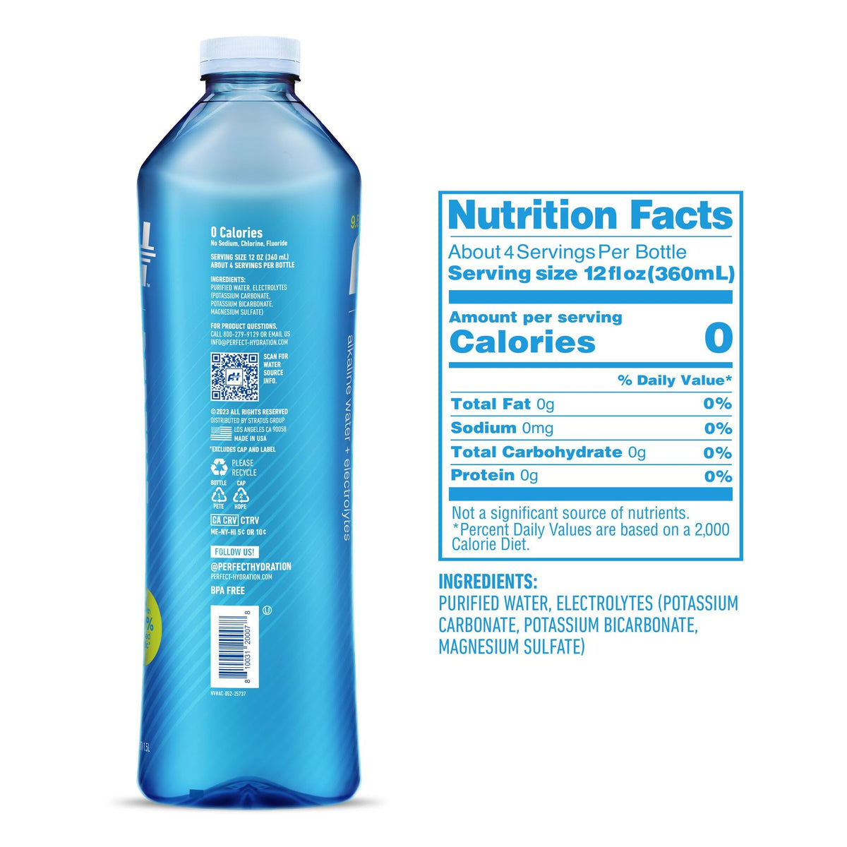 Close-up of Perfect Hydration 9.5+ pH bottle label showing electrolytes.