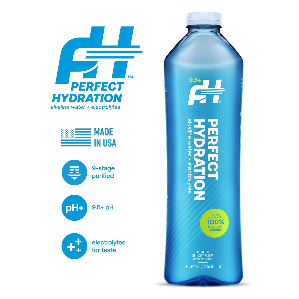Pouring Perfect Hydration 9.5+ pH bottle into a glass for a refreshing sip.
