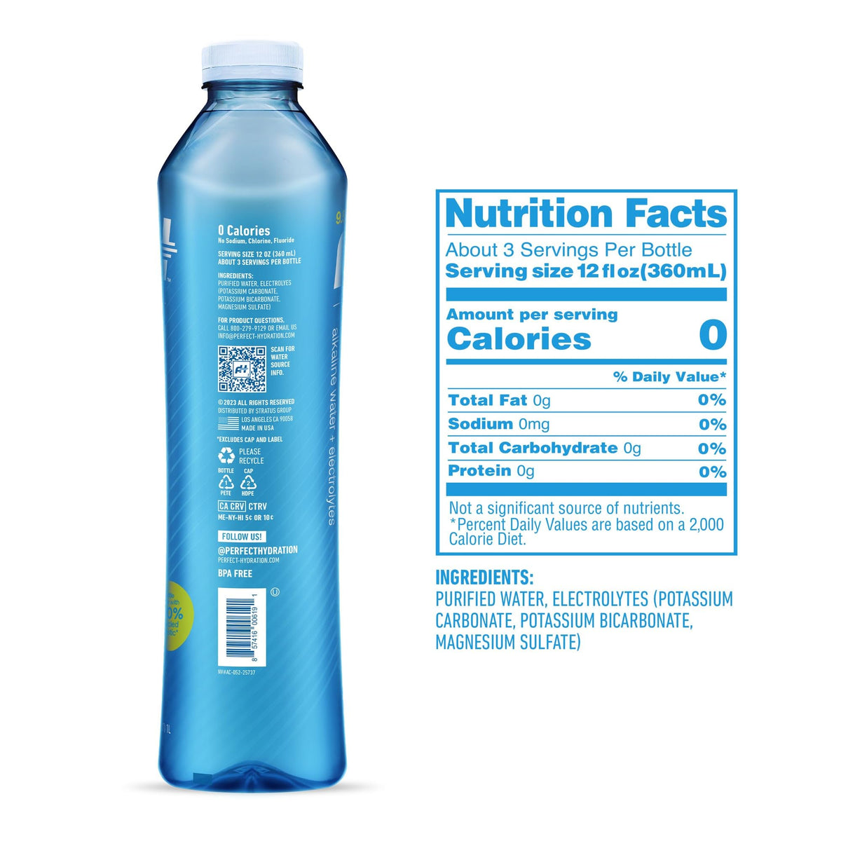 Perfect Hydration eco-bottle, 100% recycled PET, recyclable and planet-friendly.
