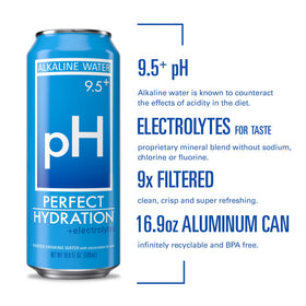 Perfect Hydration mineral electrolyte blend in aluminum can for balanced flavor.