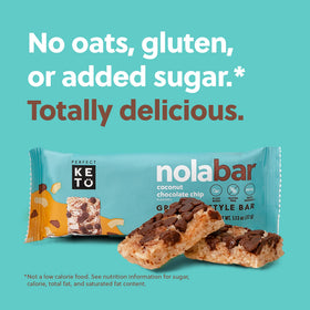 Close-up of Nola Bar shows chewy texture and chocolate chips for keto-friendly treat.