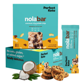 Perfect Keto Nola Bars packaging featuring coconut chocolate chip for gluten-free snacking.