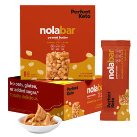 Perfect Keto Nola Bars peanut butter bar front; chewy, satisfying breakfast bite.