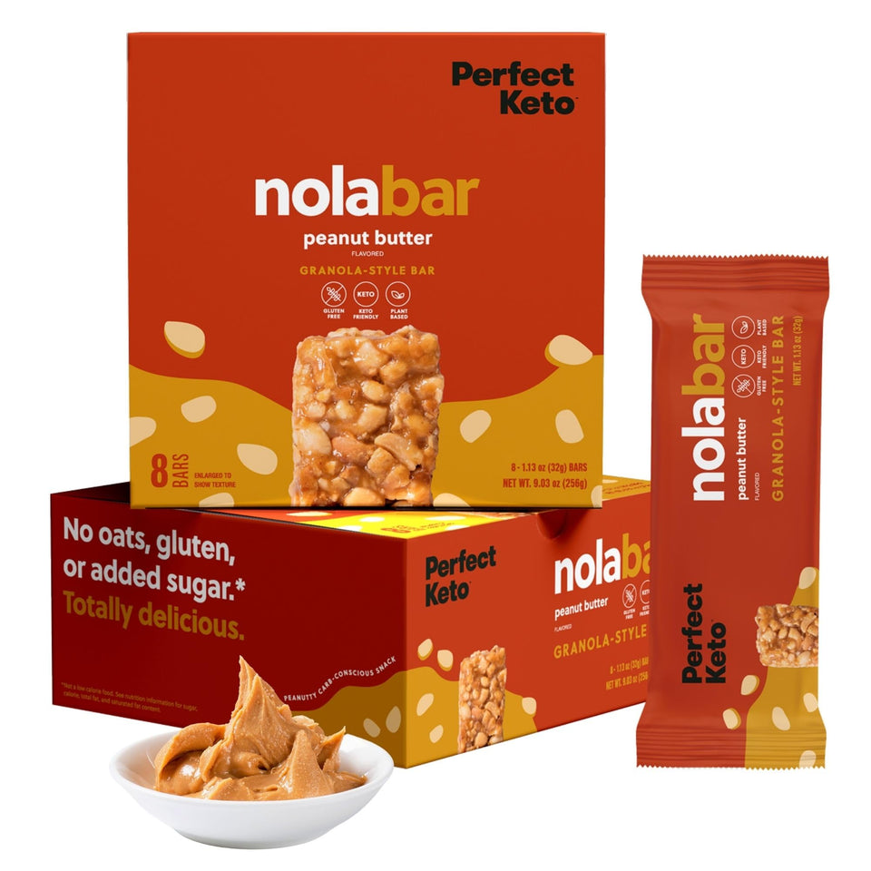 Perfect Keto Nola Bars peanut butter bar front; chewy, satisfying breakfast bite.