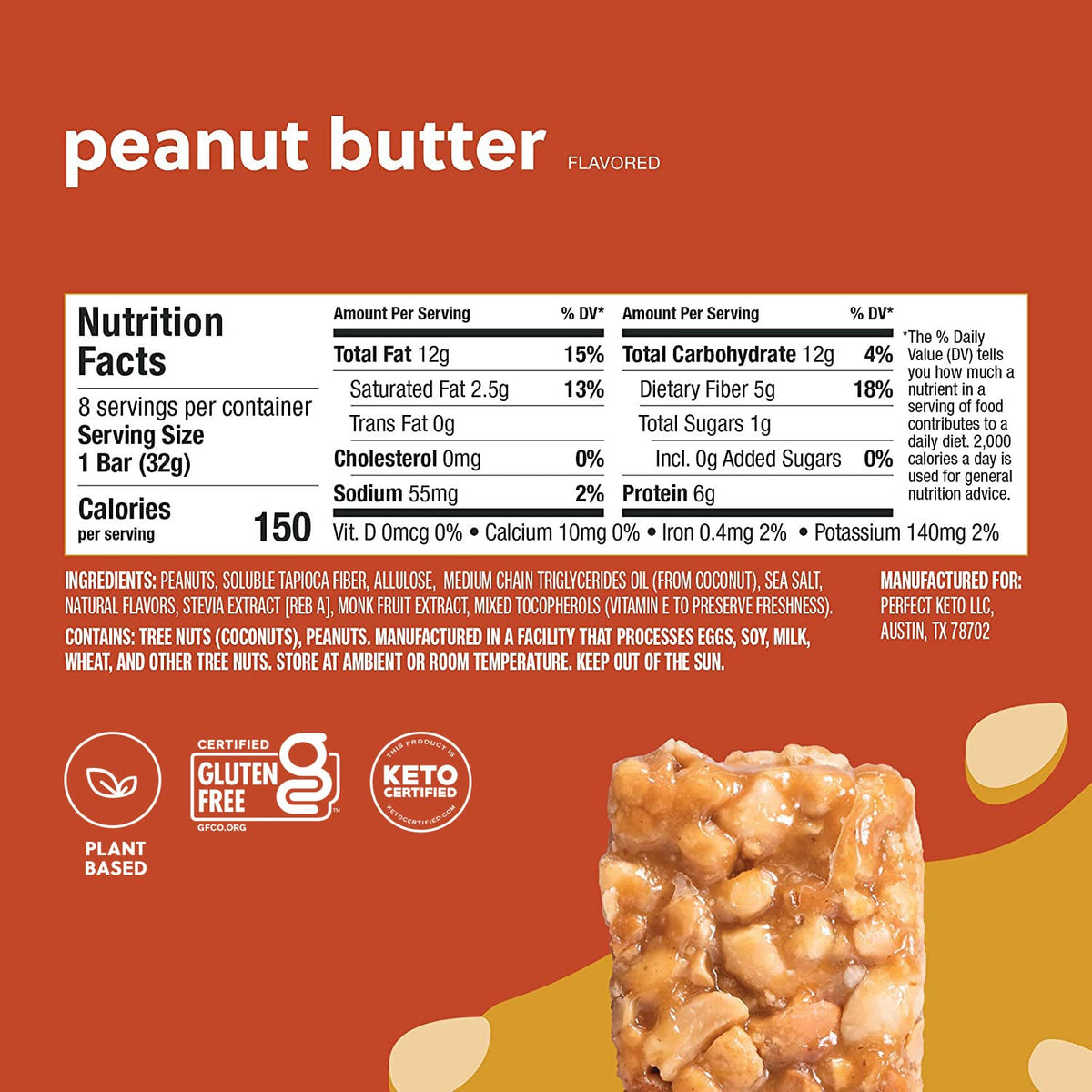 Perfect Keto Nola Bars pack; gluten-free keto snack with zero added sugar.