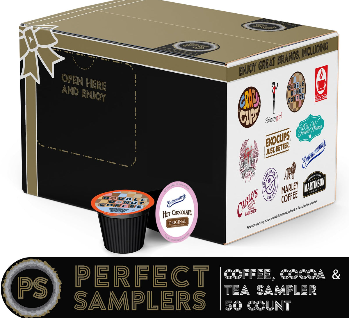 Perfect Samplers assorted pods on display; wide flavor selection for coffee lovers.