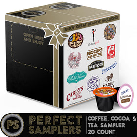 Perfect Samplers coffee pod in cup scene offering café-quality flavor at home.