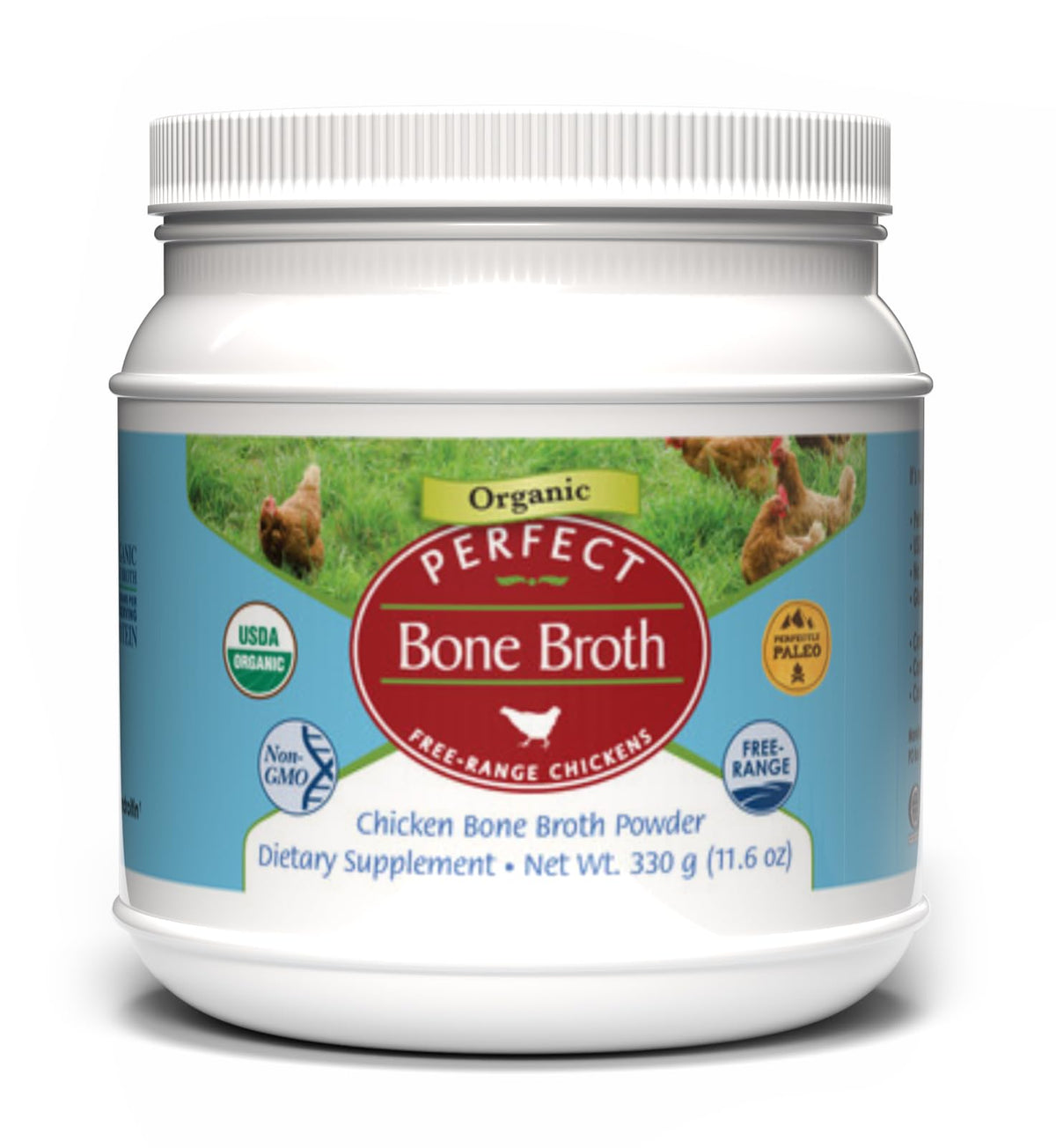 Perfect Supplements bottle of organic chicken bone broth powder for quick, nourishing hot broth