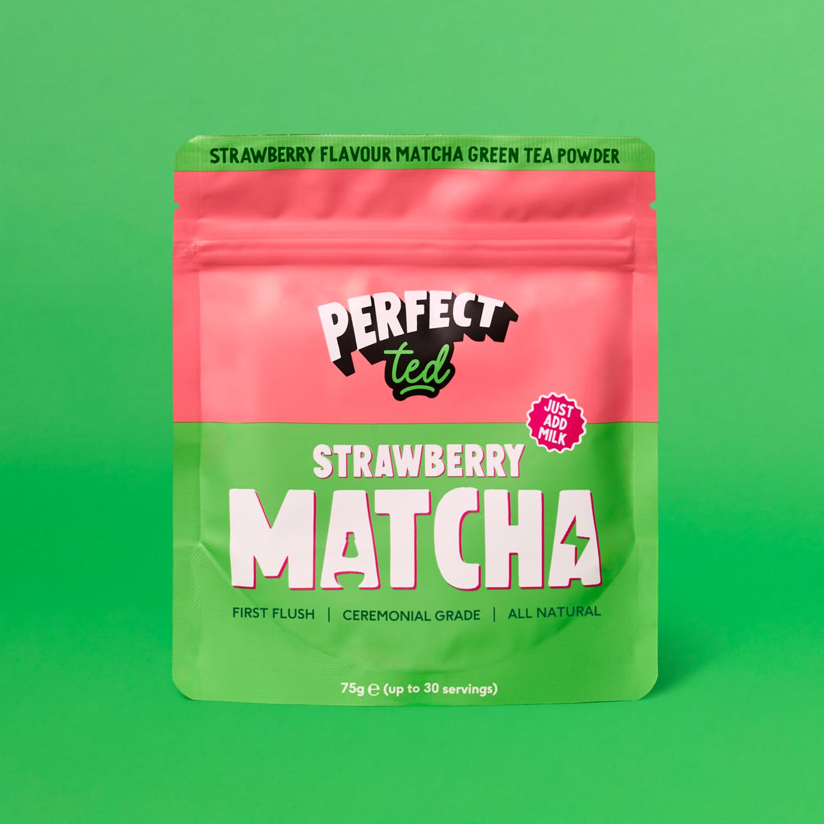 Perfect Ted Matcha ceremonial-grade texture closeup shows smooth powder.