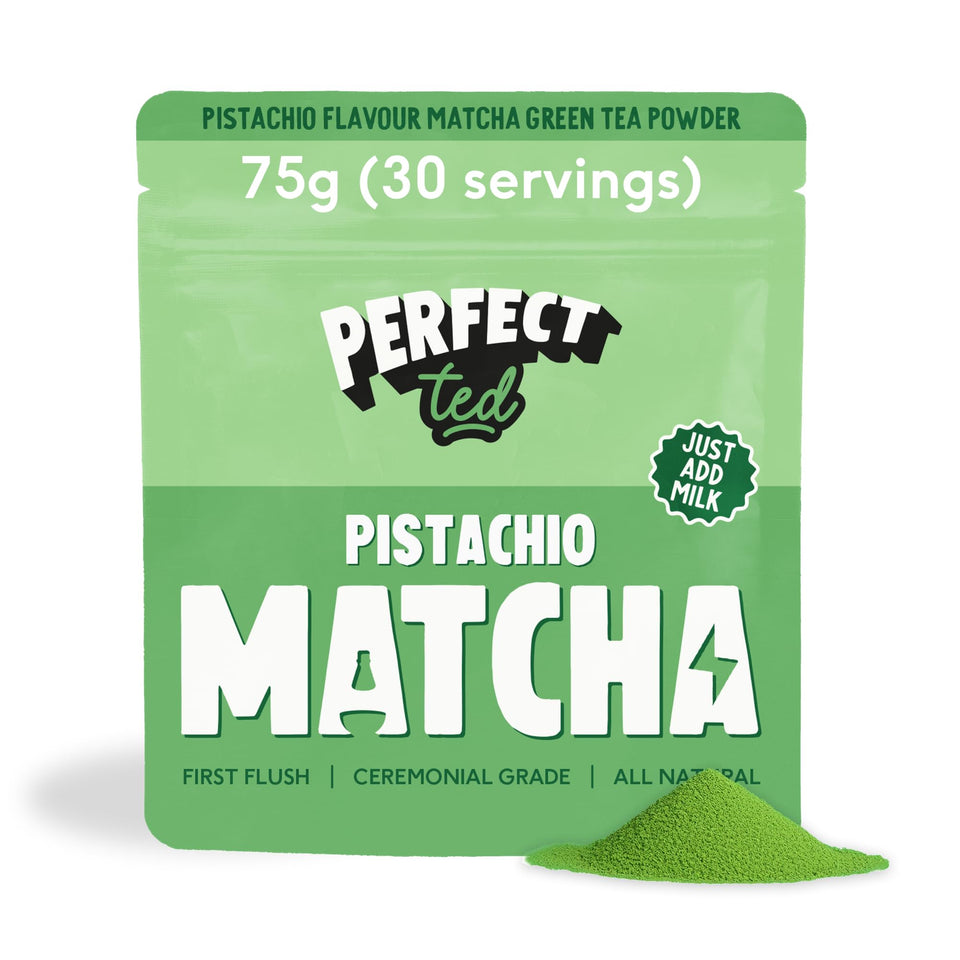 Perfect Ted Matcha Pistachio Powder packaging showing premium ceremonial quality for daily rituals