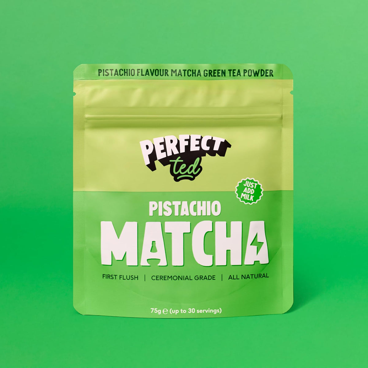 Perfect Ted Matcha Pistachio Powder whisked-tea-cup demonstrates a silky, vibrant green latte