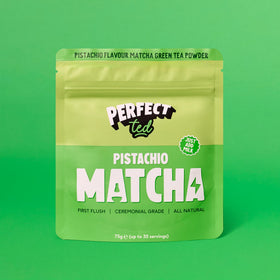 Perfect Ted Matcha Pistachio Powder whisked-tea-cup demonstrates a silky, vibrant green latte