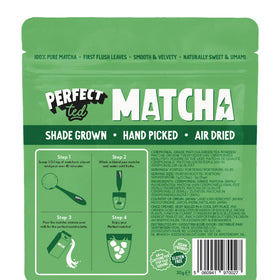 Close-up of fine-textured PerfectTed Matcha powder highlighting smooth consistency for drinks.