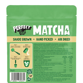Perfect Ted matcha powder vanilla bean packaging and spoon shows convenient prep