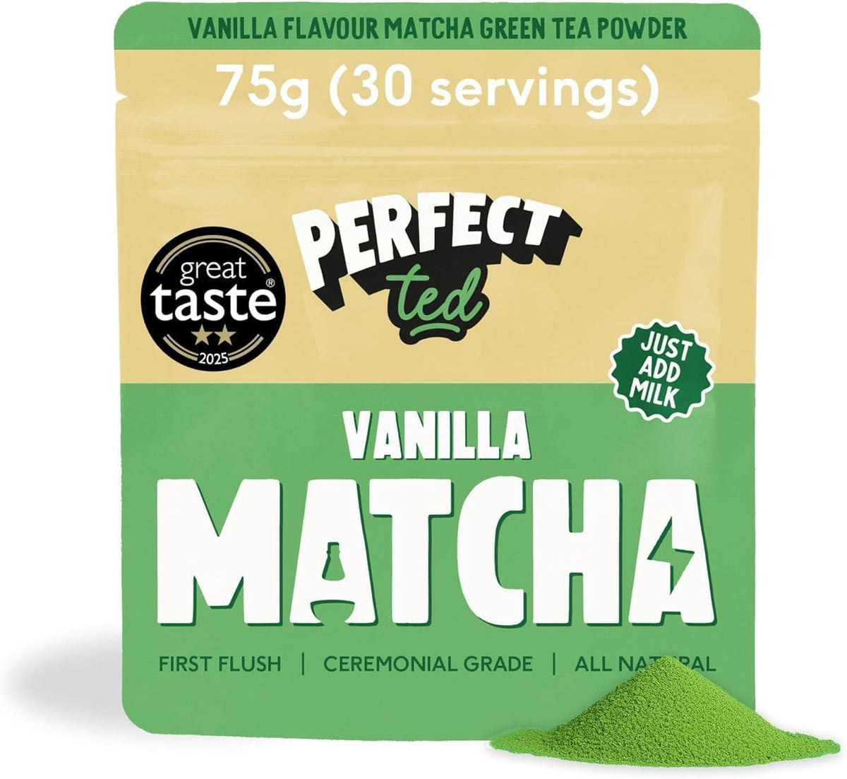 Perfect Ted matcha powder vanilla bean in tin closeup highlighting ceremonial quality