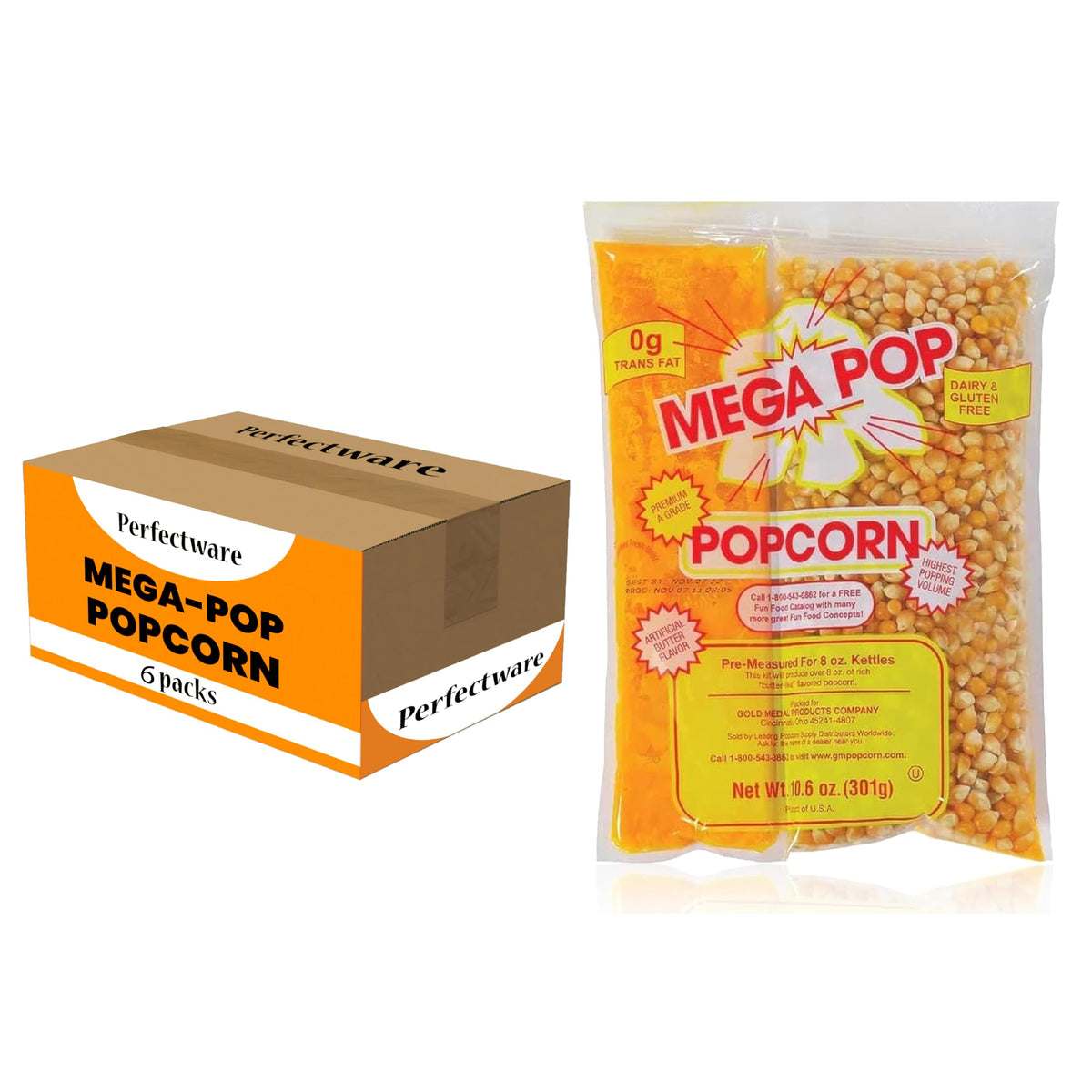 Perfectware 6ct popcorn portion packs package close-up for quick popcorn.