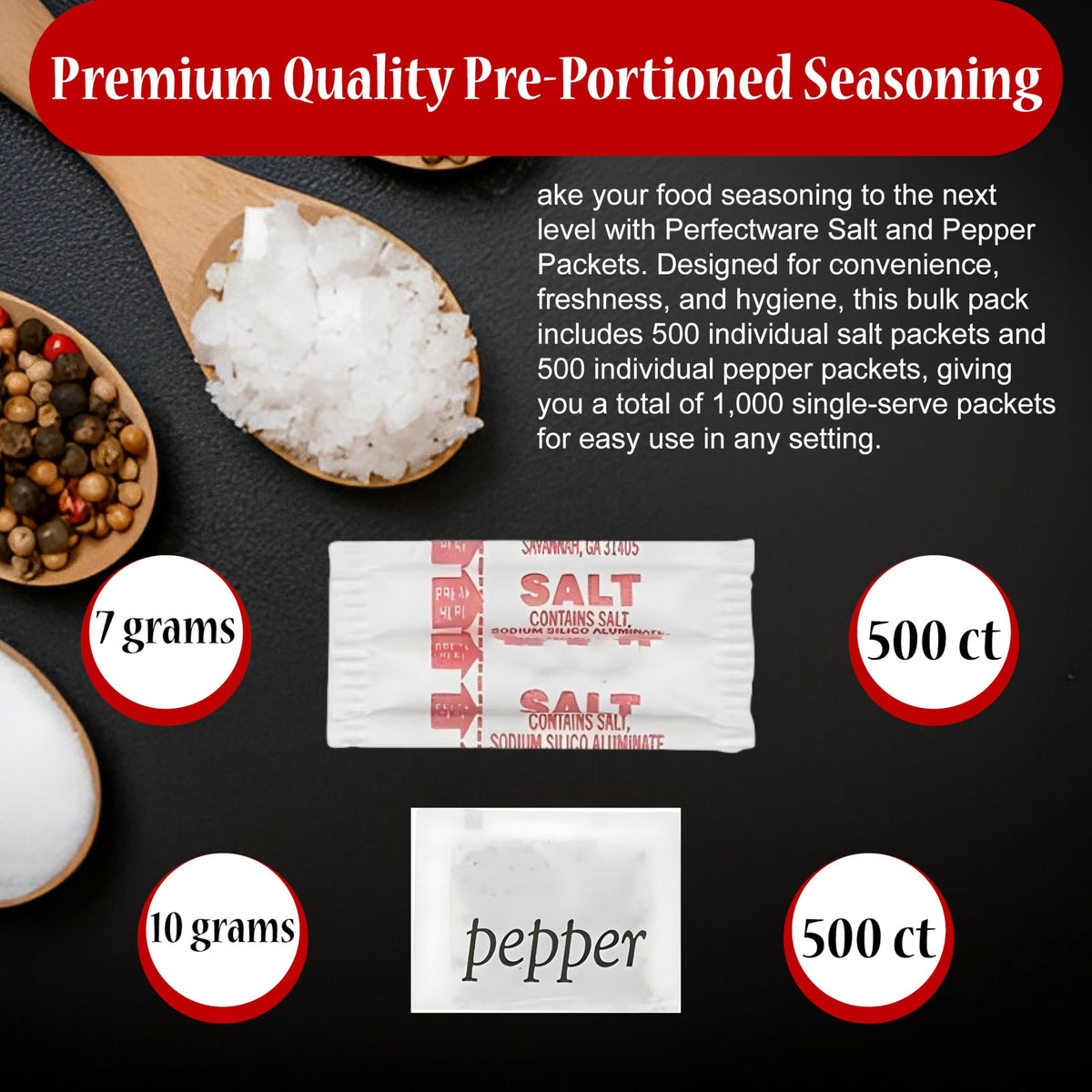 Perfectware salt and pepper packets, individually wrapped for sanitation and on-the-go use.