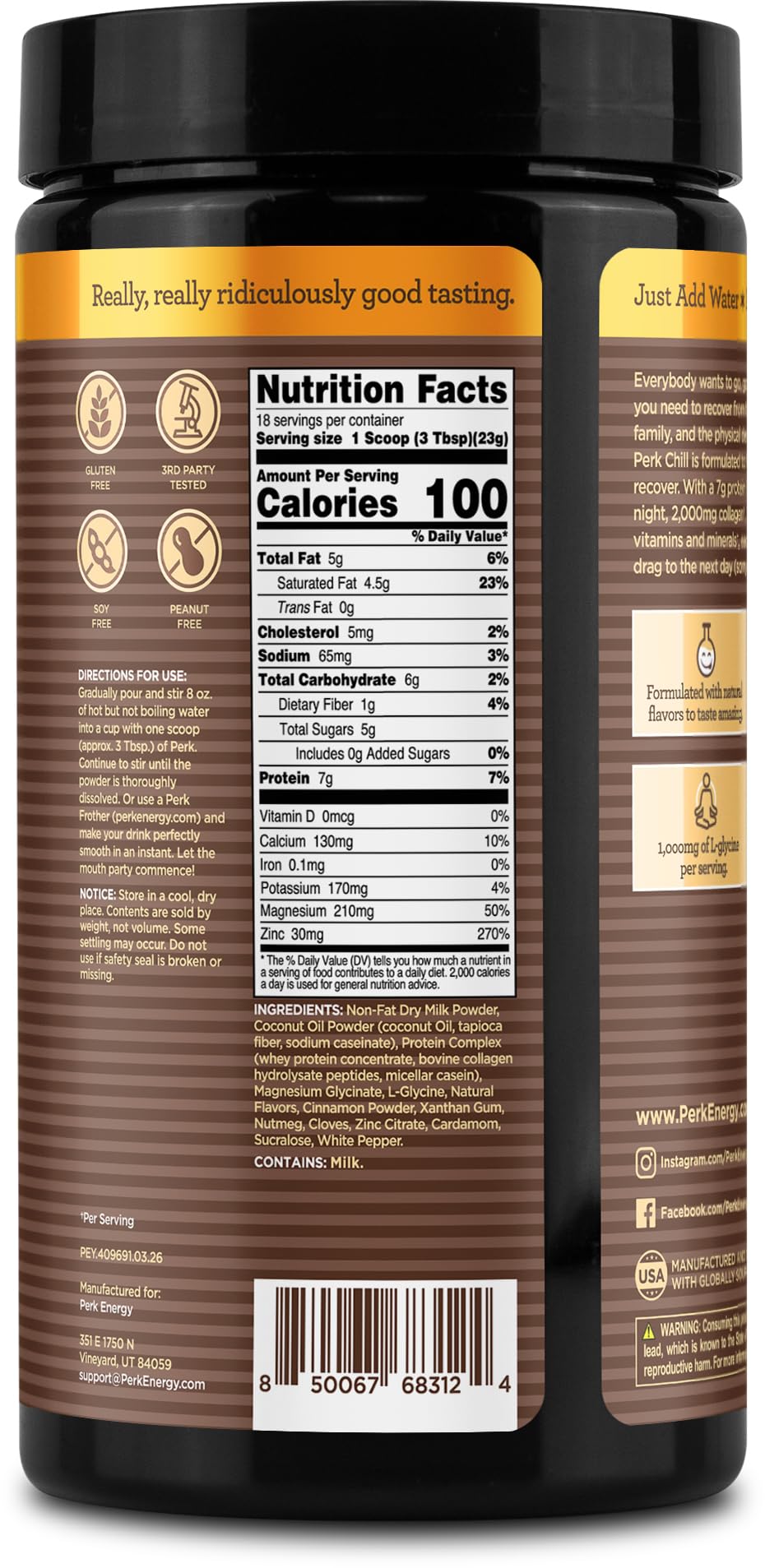 Perk Chill Drink Mix bottle back panel showing ingredients and third-party testing