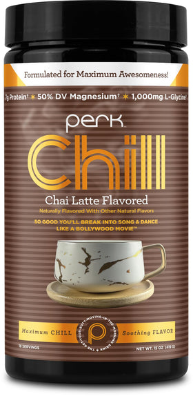Perk Chill Drink Mix bottle front with chai latte flavor for evening relaxation