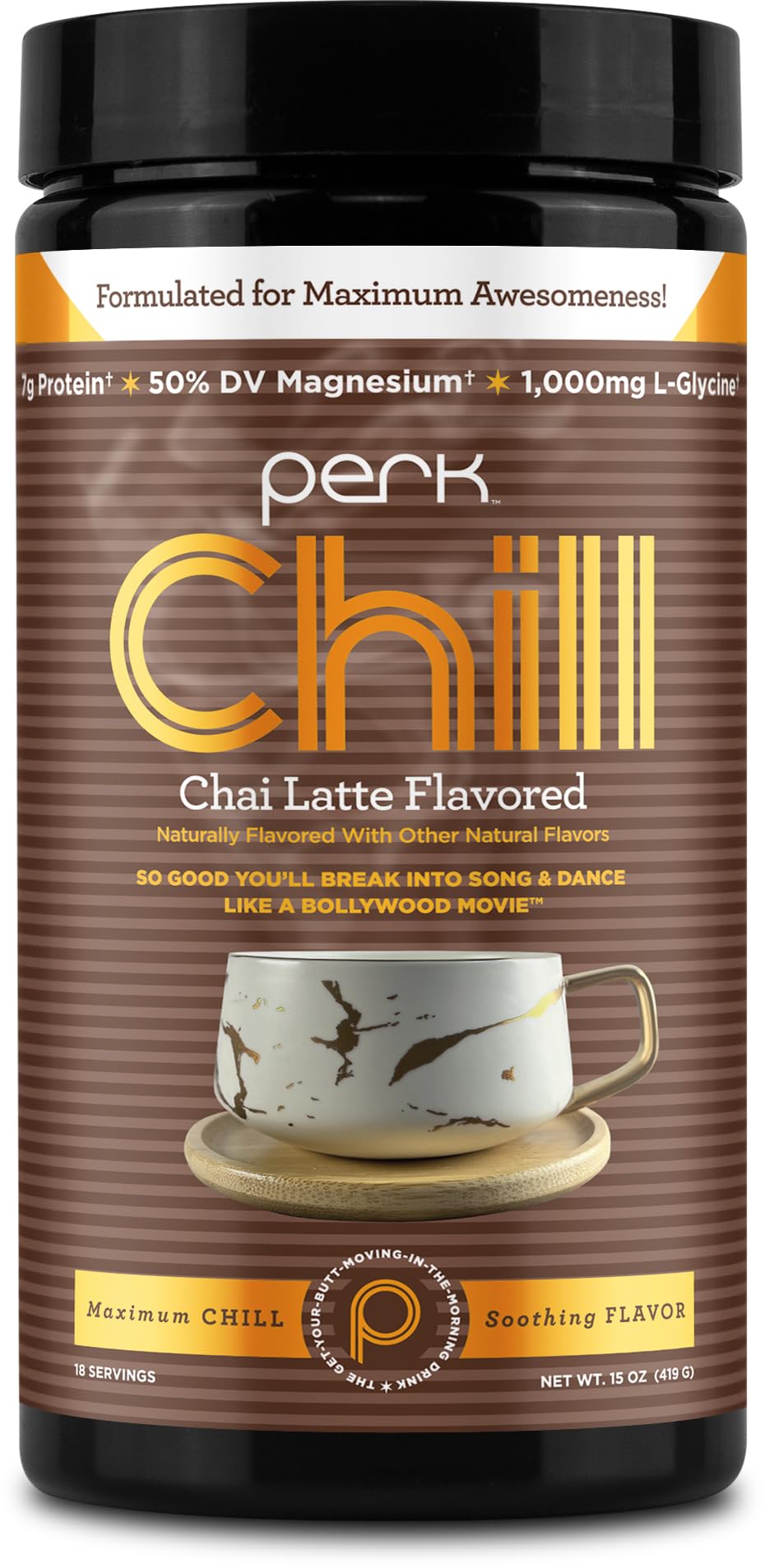 Perk Chill Drink Mix bottle front with chai latte flavor for evening relaxation