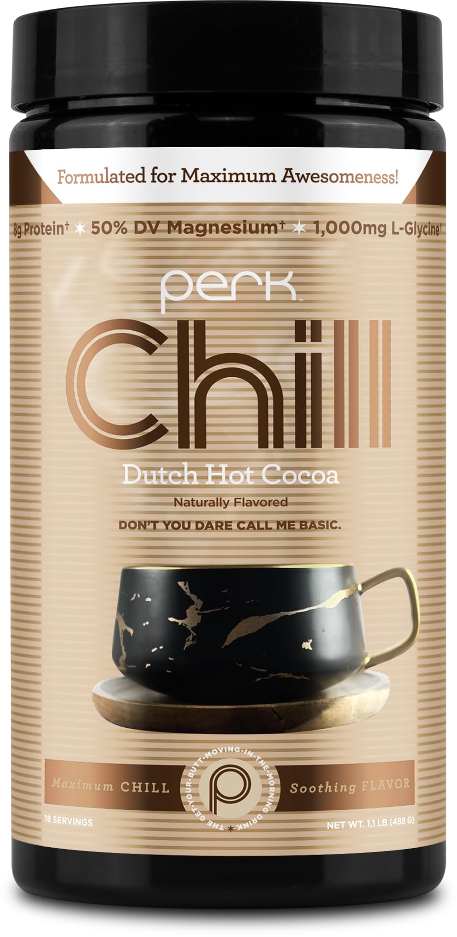 Perk Chill Dutch Hot Cocoa bottle shown for a calming nightly routine.