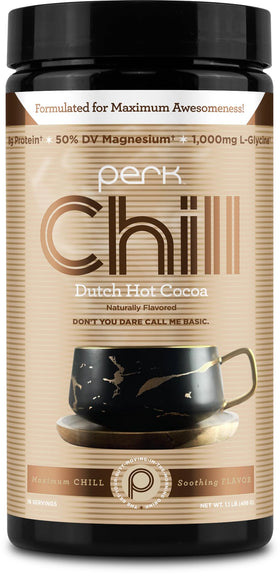 Perk Chill Dutch Hot Cocoa bottle shown for a calming nightly routine.