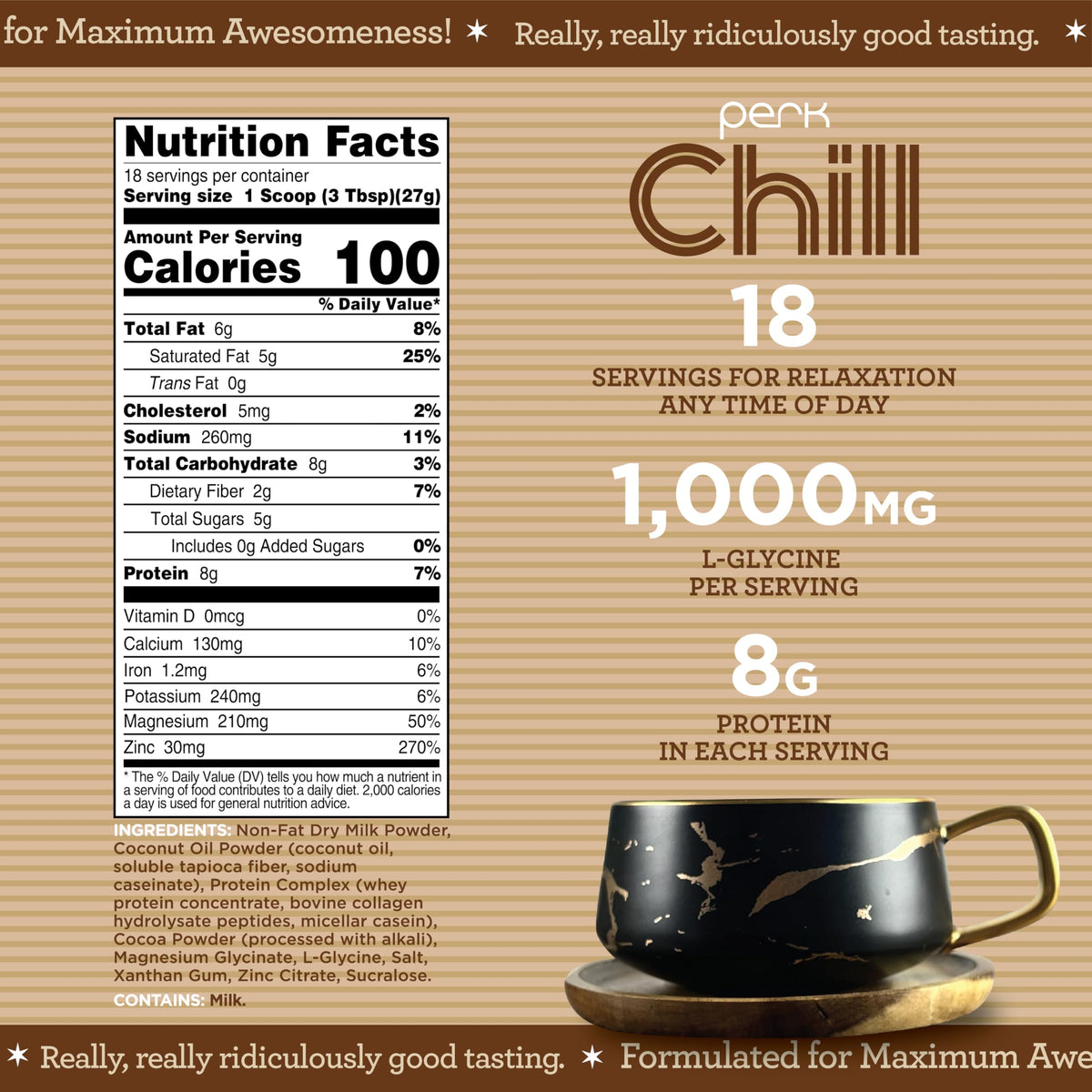 Perk Chill Dutch Hot Cocoa powder poured into a mug for a cozy night.