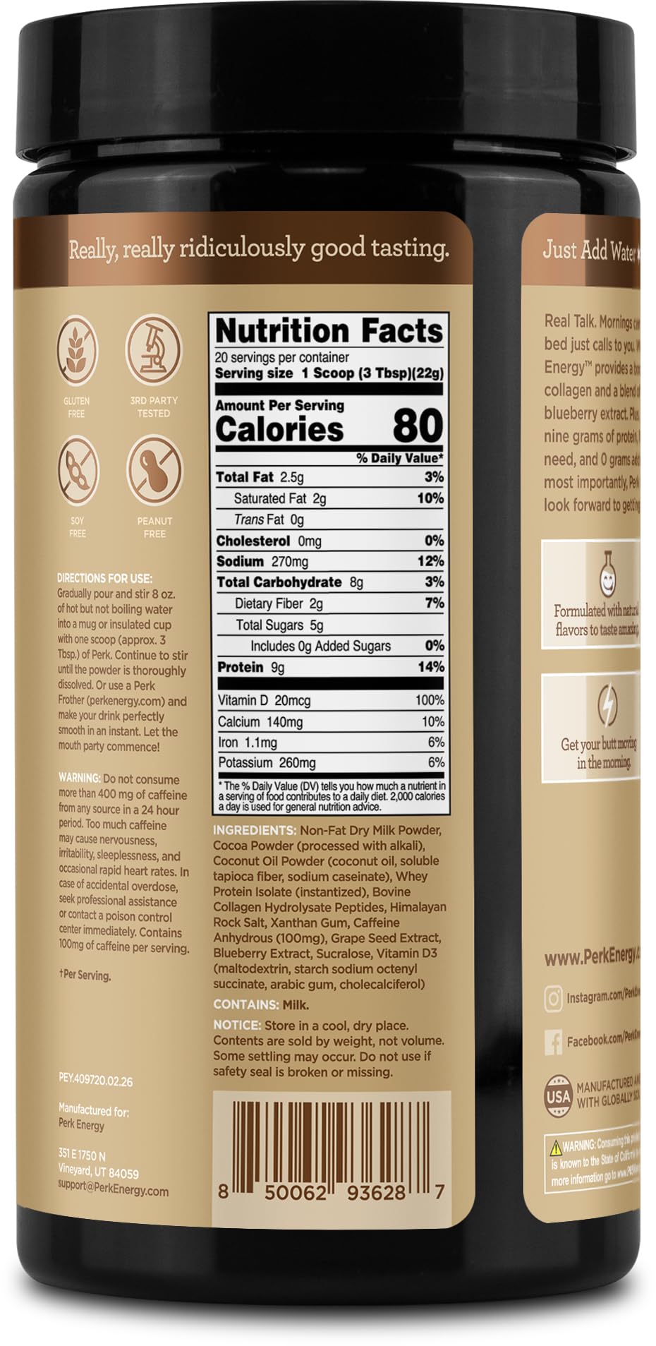 Perk Energy Drink Mix allergen-free formula supports cleaner hot cocoa.