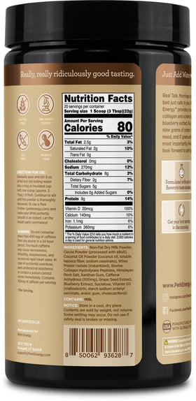 Perk Energy Drink Mix allergen-free formula supports cleaner hot cocoa.