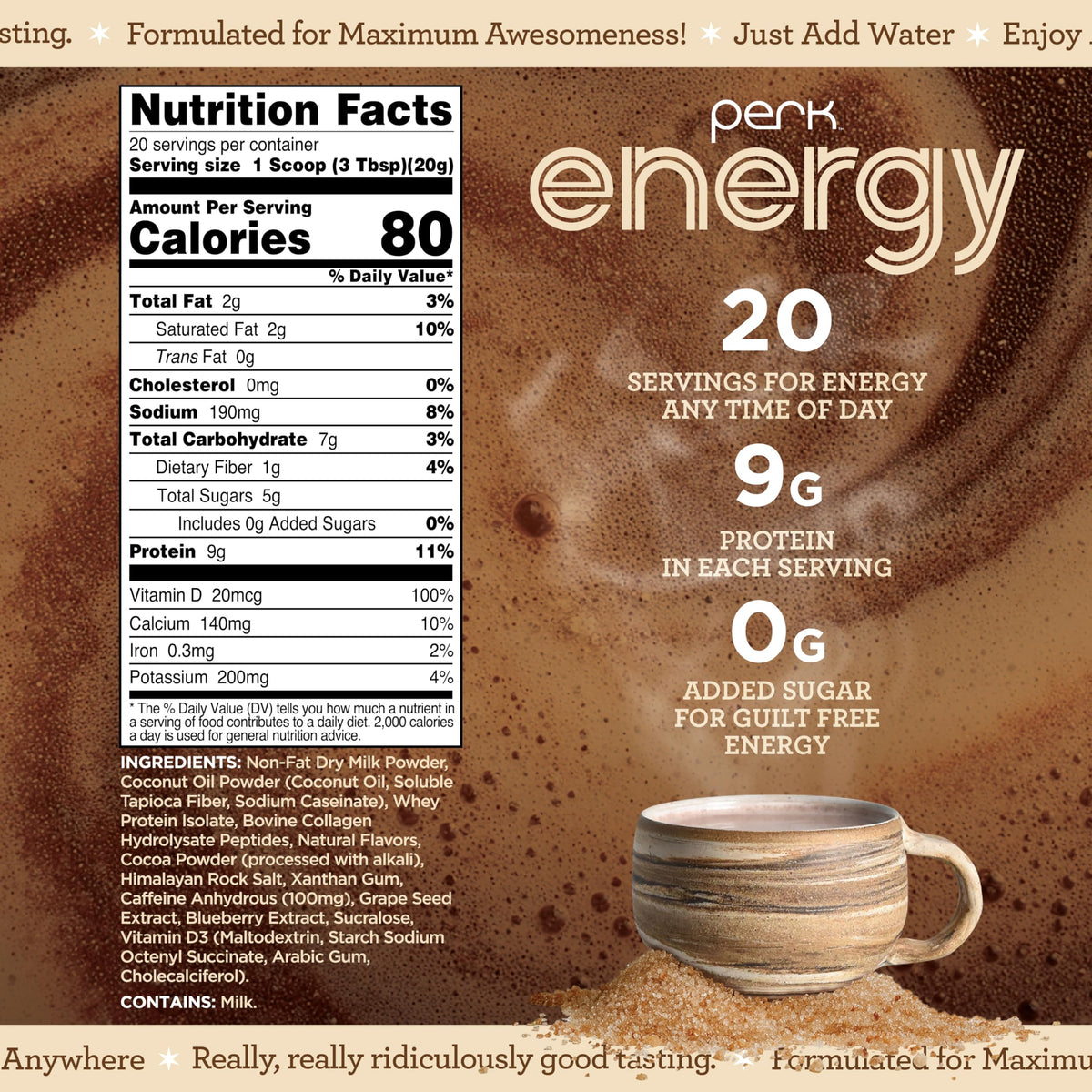 Perk Energy Brown Sugar Latte cup with mixed drink offers convenient flavor ritual.