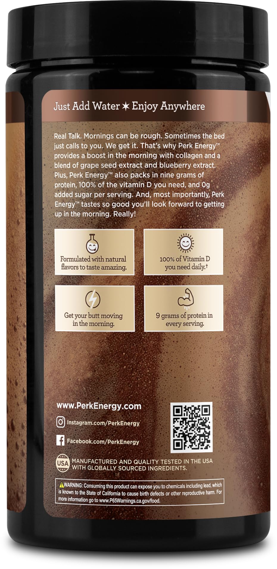 Perk Energy Brown Sugar Latte measuring spoon beside powder for precise serving.
