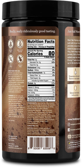 Perk Energy Brown Sugar Latte nutrition label on bottle highlights 20 servings for ongoing energy.