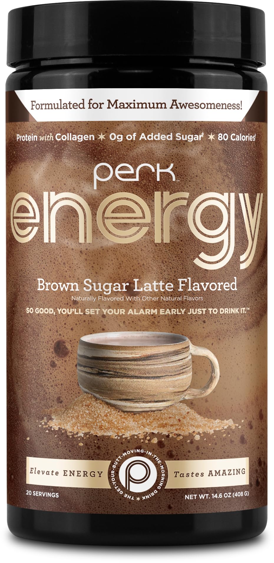Perk Energy Brown Sugar Latte powder jar ready to mix for a caffeine boost to kickstart mornings.