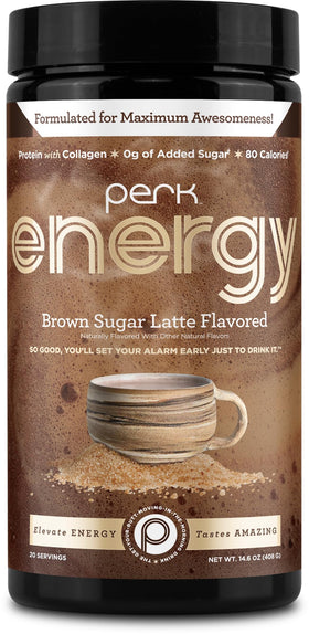 Perk Energy Brown Sugar Latte powder jar ready to mix for a caffeine boost to kickstart mornings.