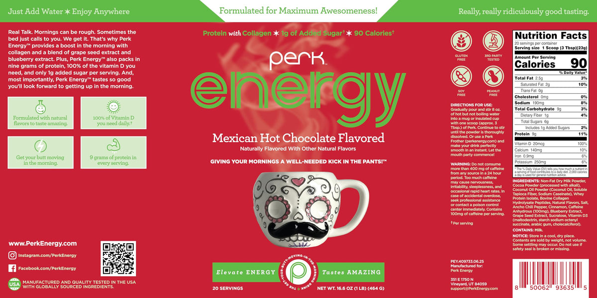 Perk Energy Mexican Hot Chocolate allergen-free icons signal gluten-free, soy-free, peanut-free ingredients.