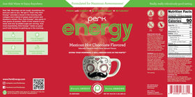 Perk Energy Mexican Hot Chocolate allergen-free icons signal gluten-free, soy-free, peanut-free ingredients.