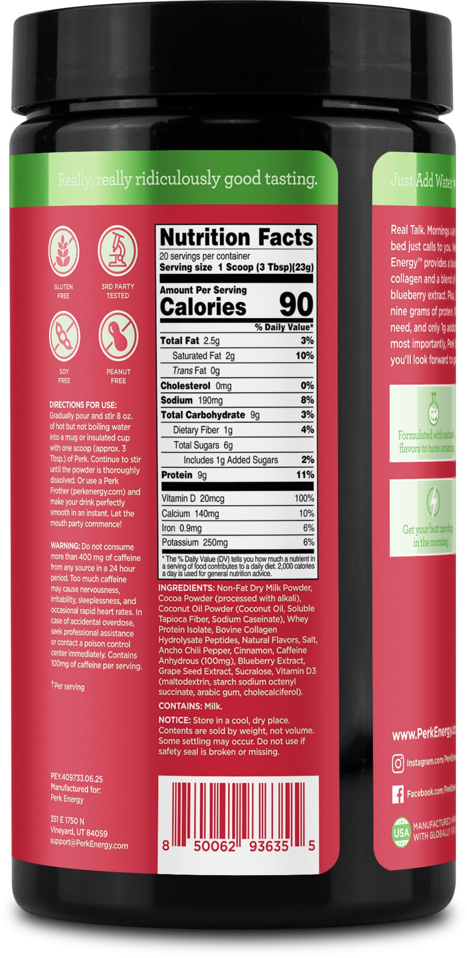 Perk Energy Mexican Hot Chocolate nutrition panel highlights 8 g protein and 100 mg caffeine.