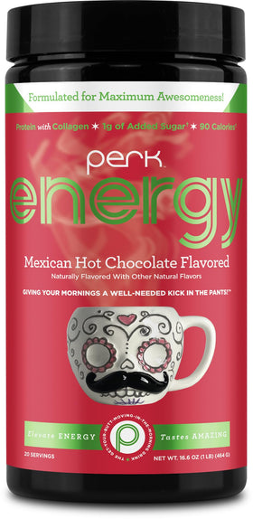 Perk Energy Mexican Hot Chocolate packaging shows 20 servings for a quick morning pick-me-up.