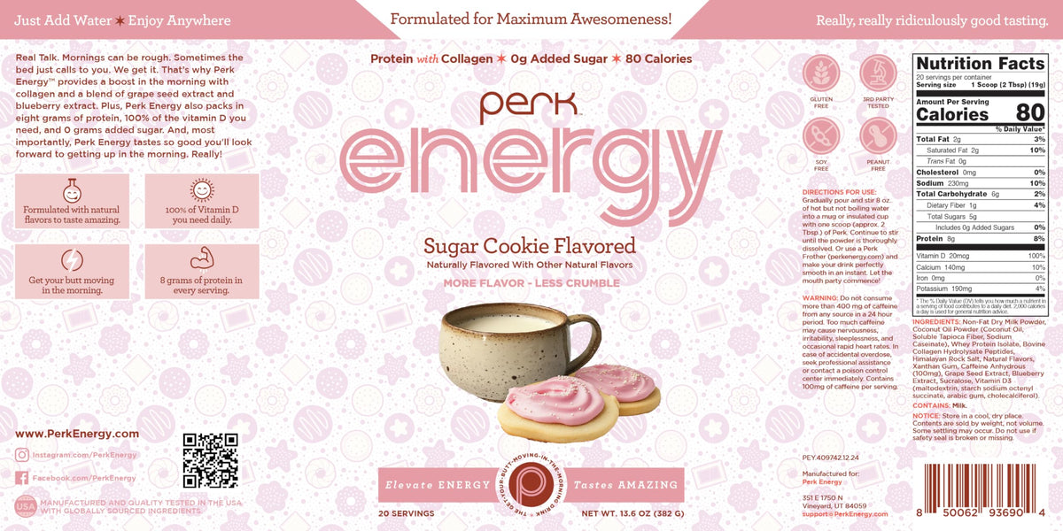 Perk Energy Drink Mix Sugar Cookie lifestyle suggests a tasty caffeine boost between tasks