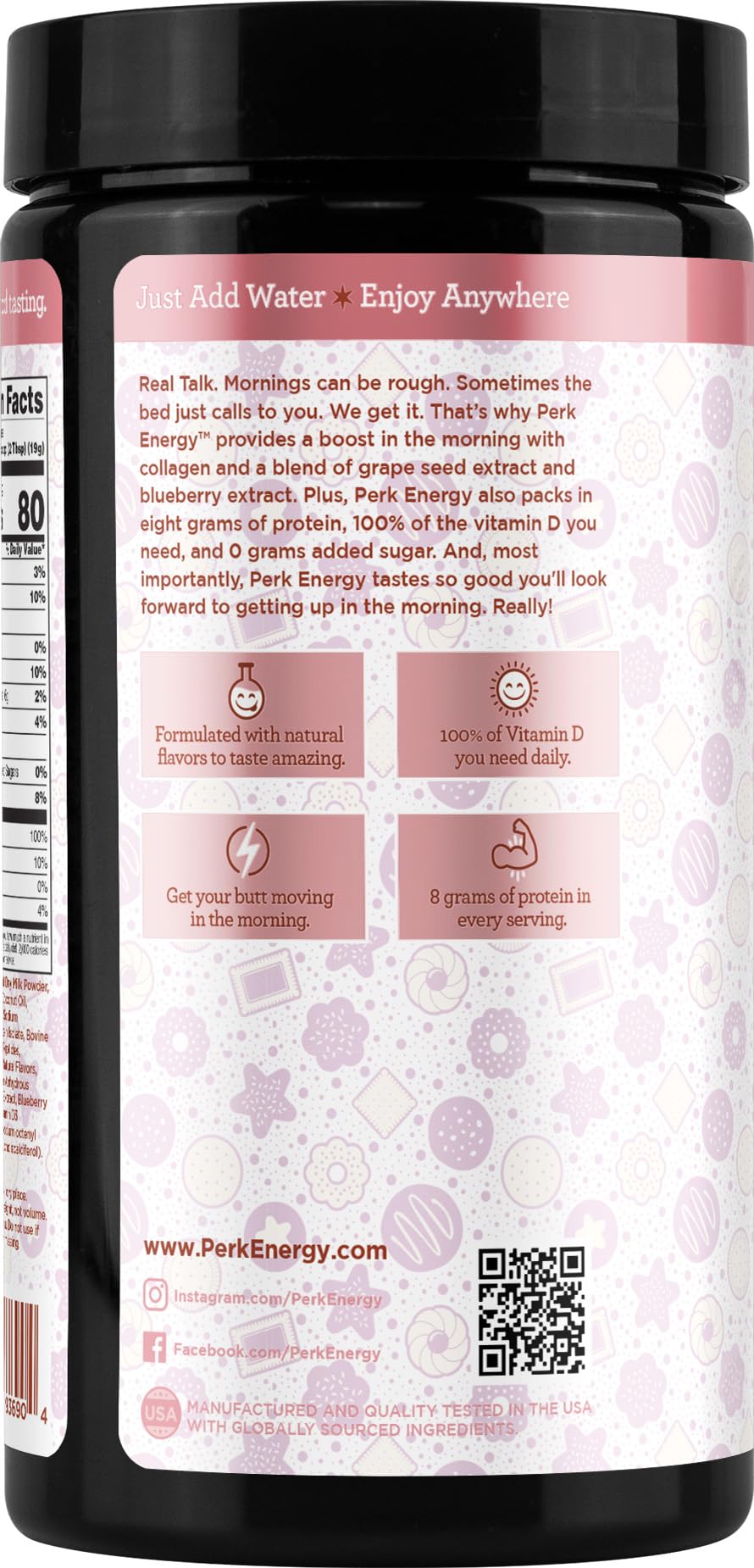 Perk Energy Drink Mix Sugar Cookie mixed in glass reveals a flavorful, protein-packed beverage