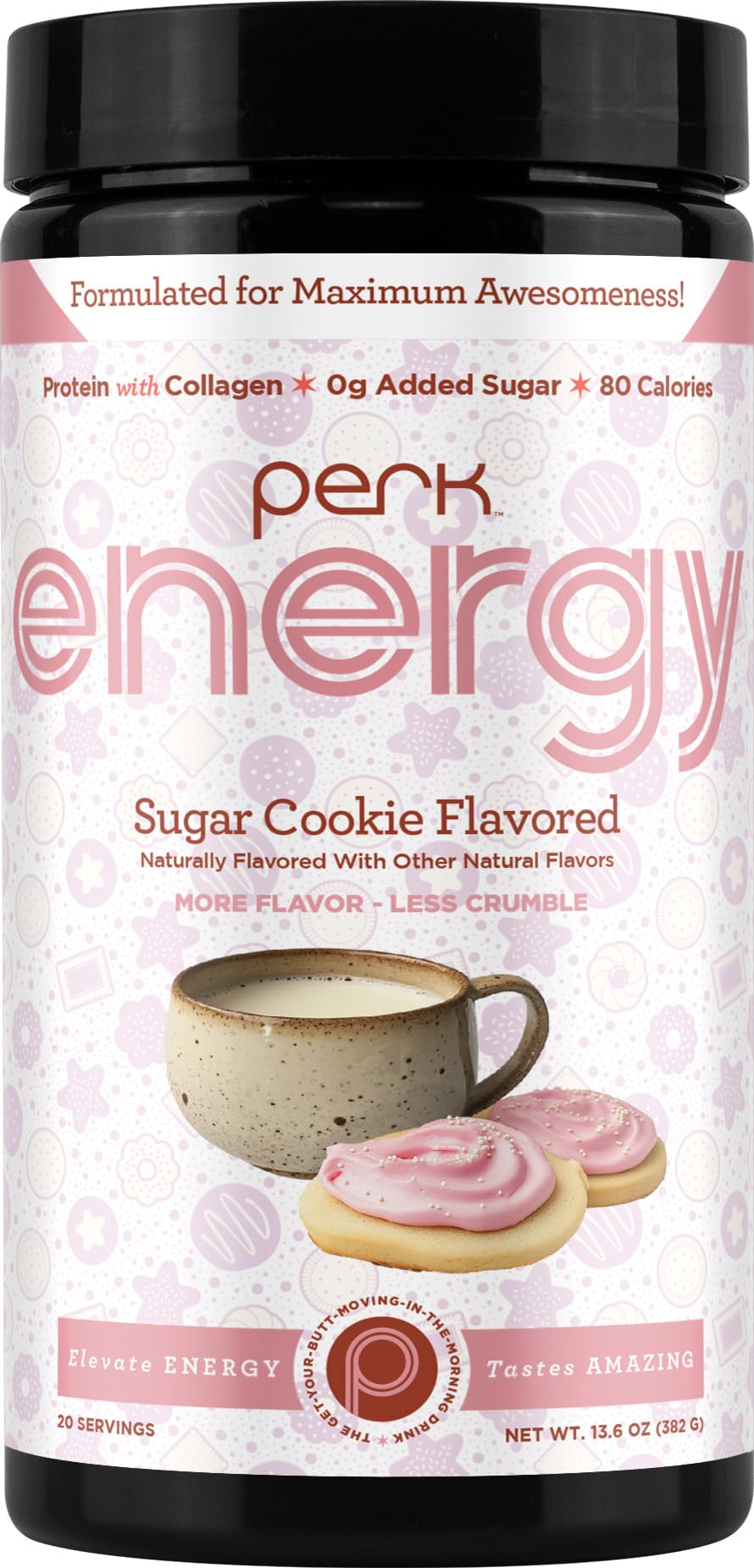 Perk Energy Drink Mix Sugar Cookie packaging shows gluten-free, protein-rich option for on-the-go use