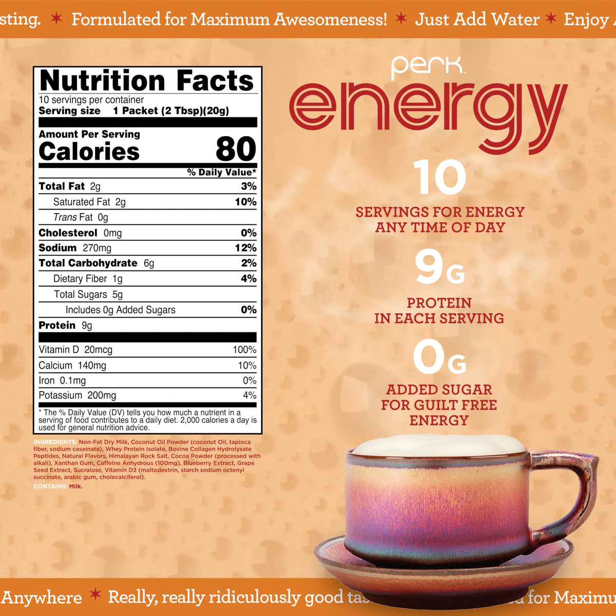 Perk energy drink mix box packaging displaying vanilla caramel flavor
