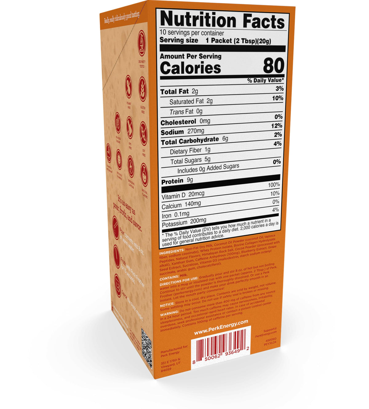 Nutrition label on Perk mix highlights 9g protein and 100 mg caffeine