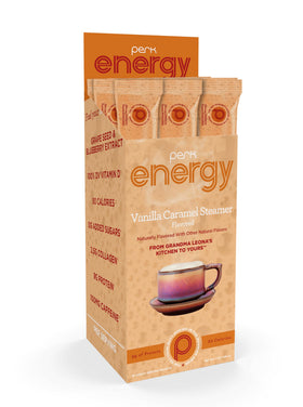 Prepared Perk vanilla caramel steamer in a cup offers cozy caffeine moment