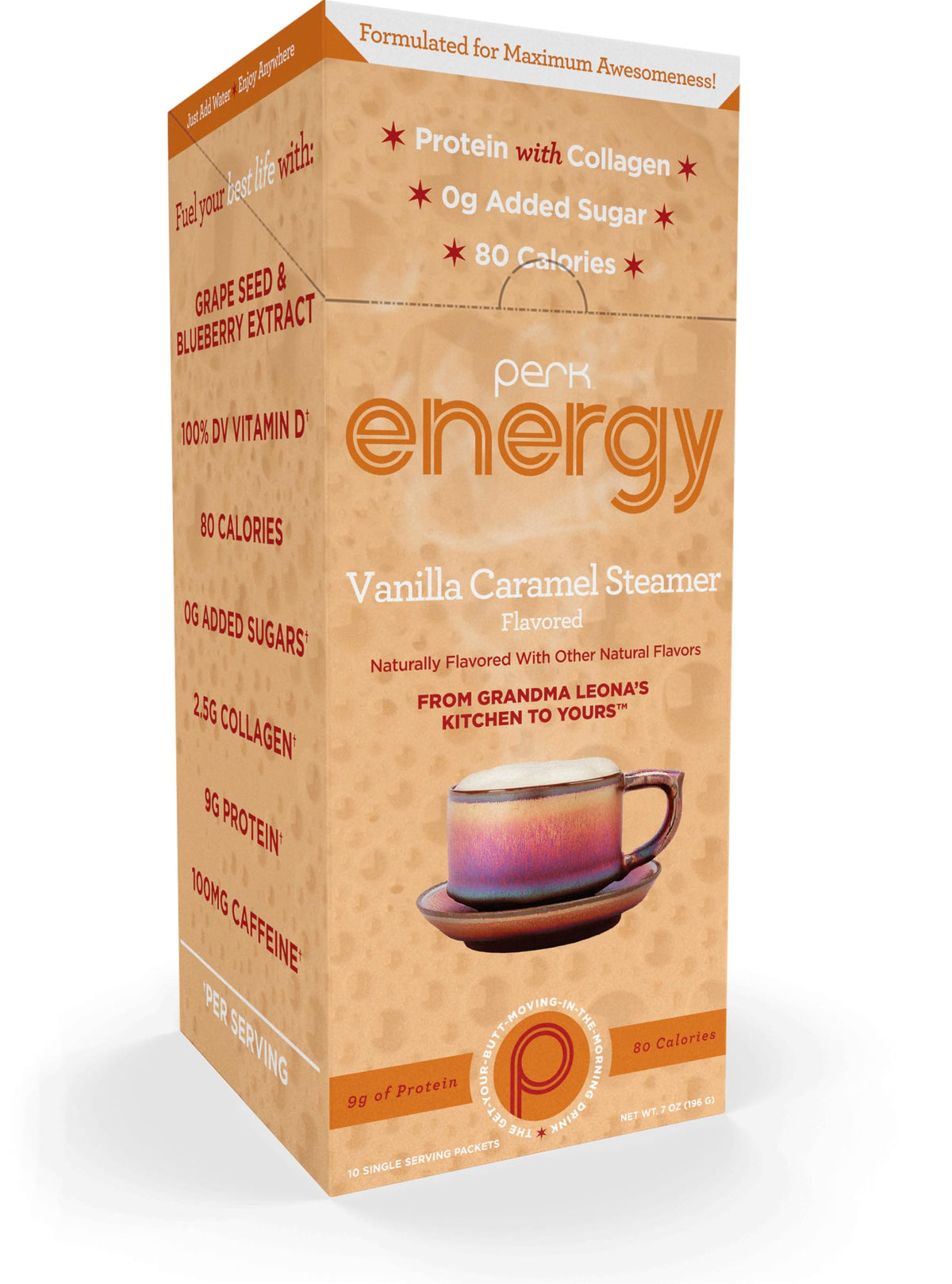 Perk energy drink mix vanilla caramel steamer stick packet, on-the-go flavor boost