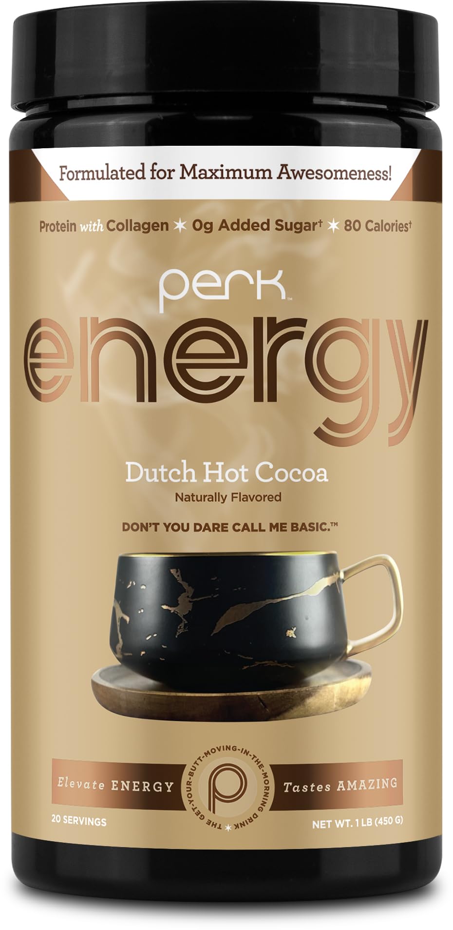 Perk Energy Drink Mix jar with Dutch cocoa powder for a protein-rich hot chocolate.