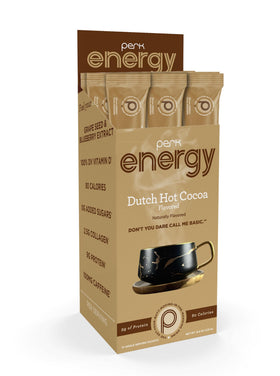 Perk Dutch Hot Cocoa box packaging highlights gluten-free, soy-free, and peanut-free formulation for inclusive snacking