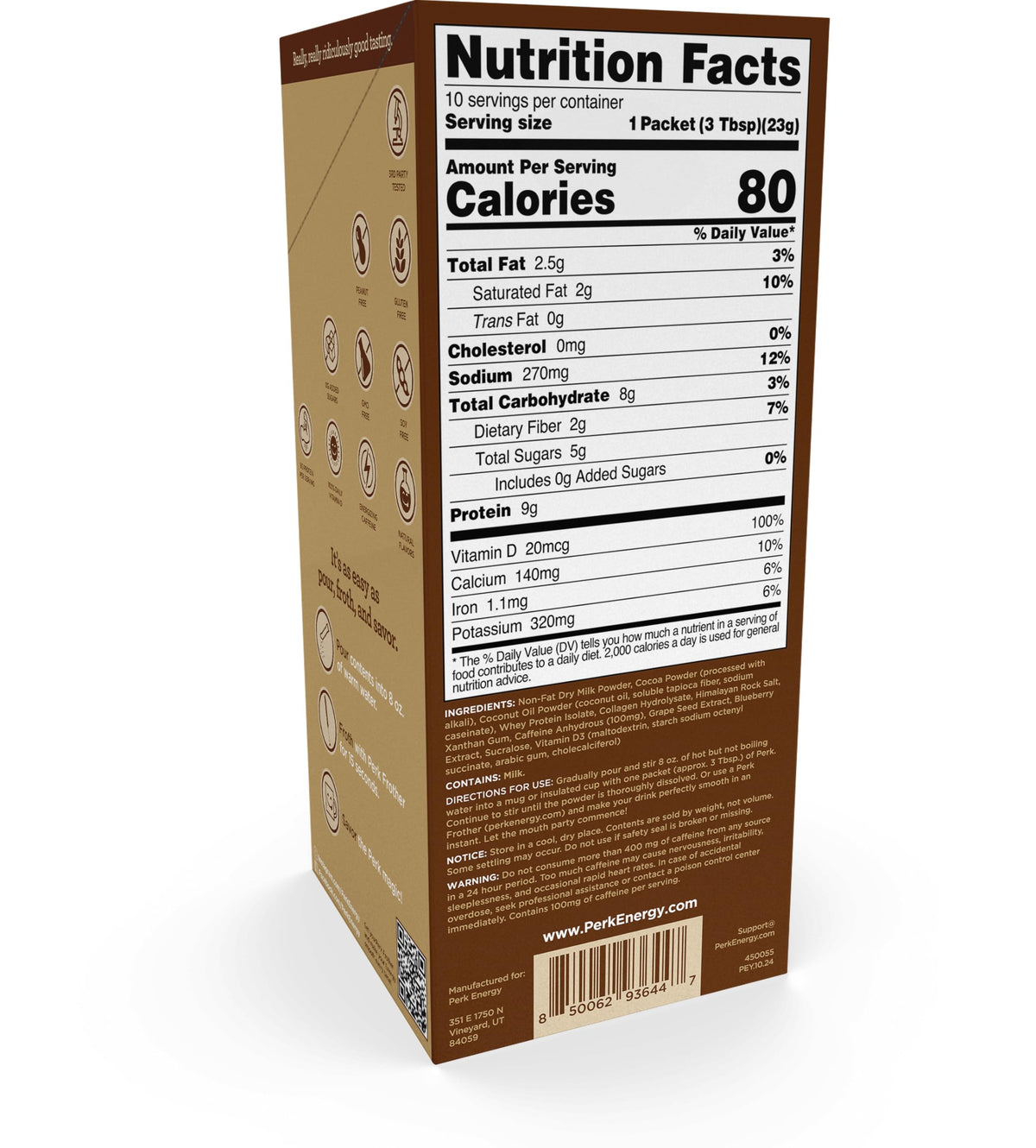 Perk Dutch Hot Cocoa ready-to-mix stick pack displayed on a desk for a convenient pick-me-up